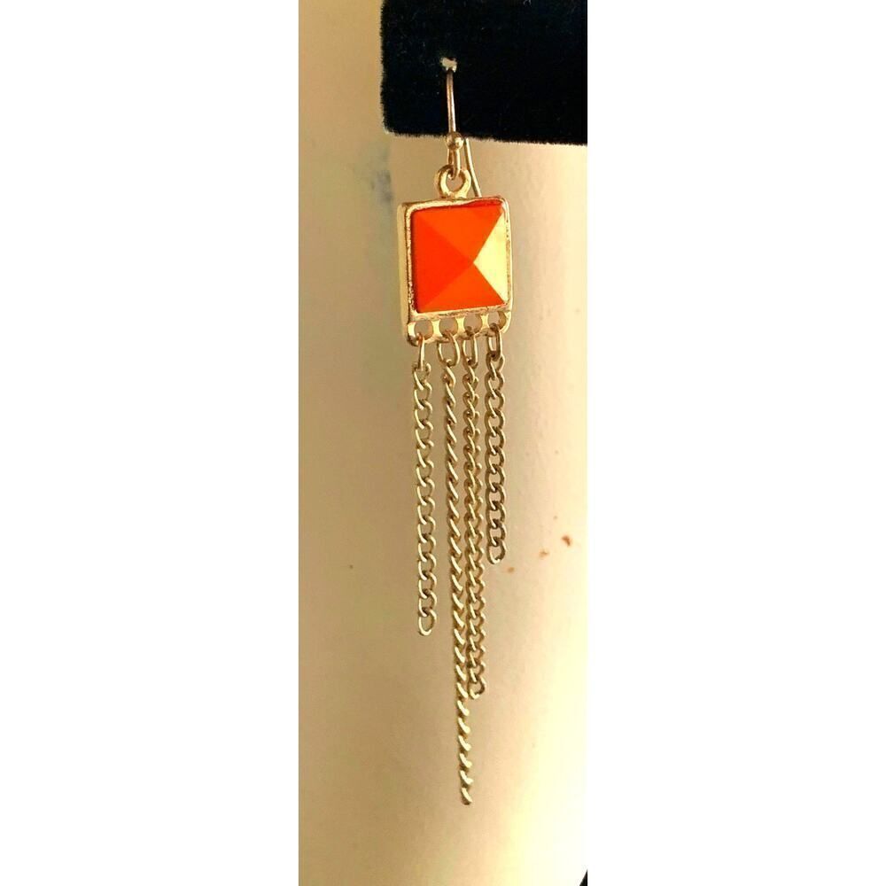 Vintage Prismatic Cabochon Tassel Earrings, In Brushed Gold And Orange, Unmarked